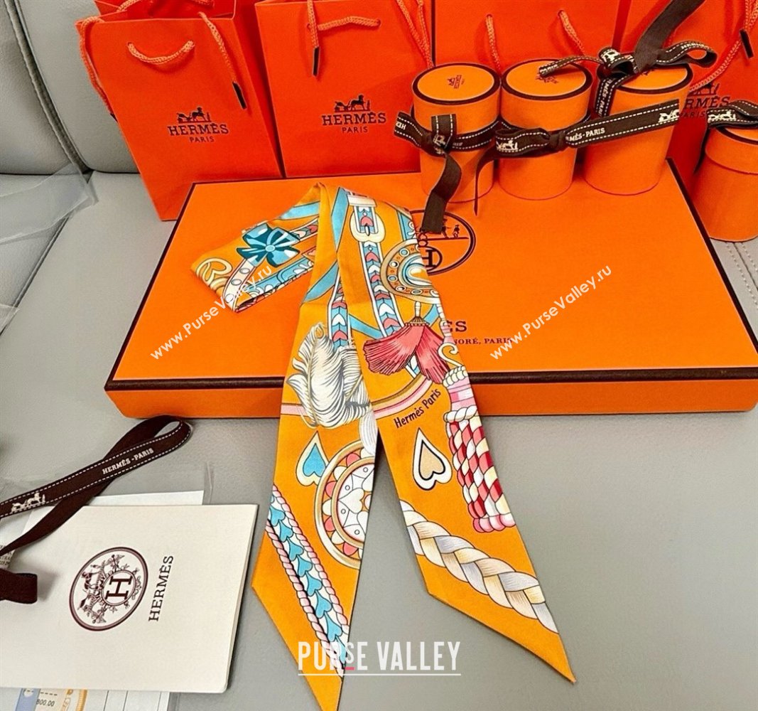 Hermes Harnais de Coeur Twilly Silk Bandeau Scarf 5x86cm Orange 2025 (SHI-250514010)