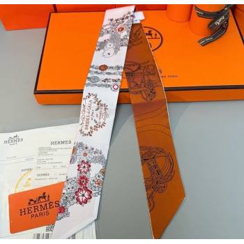 Hermes Brides de Gala en Fleurs Twilly Silk Bandeau Scarf 5x86.5cm Orange/White 2025 (SHI-250514017)