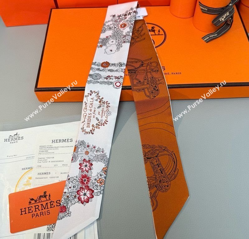 Hermes Brides de Gala en Fleurs Twilly Silk Bandeau Scarf 5x86.5cm Orange/White 2025 (SHI-250514017)