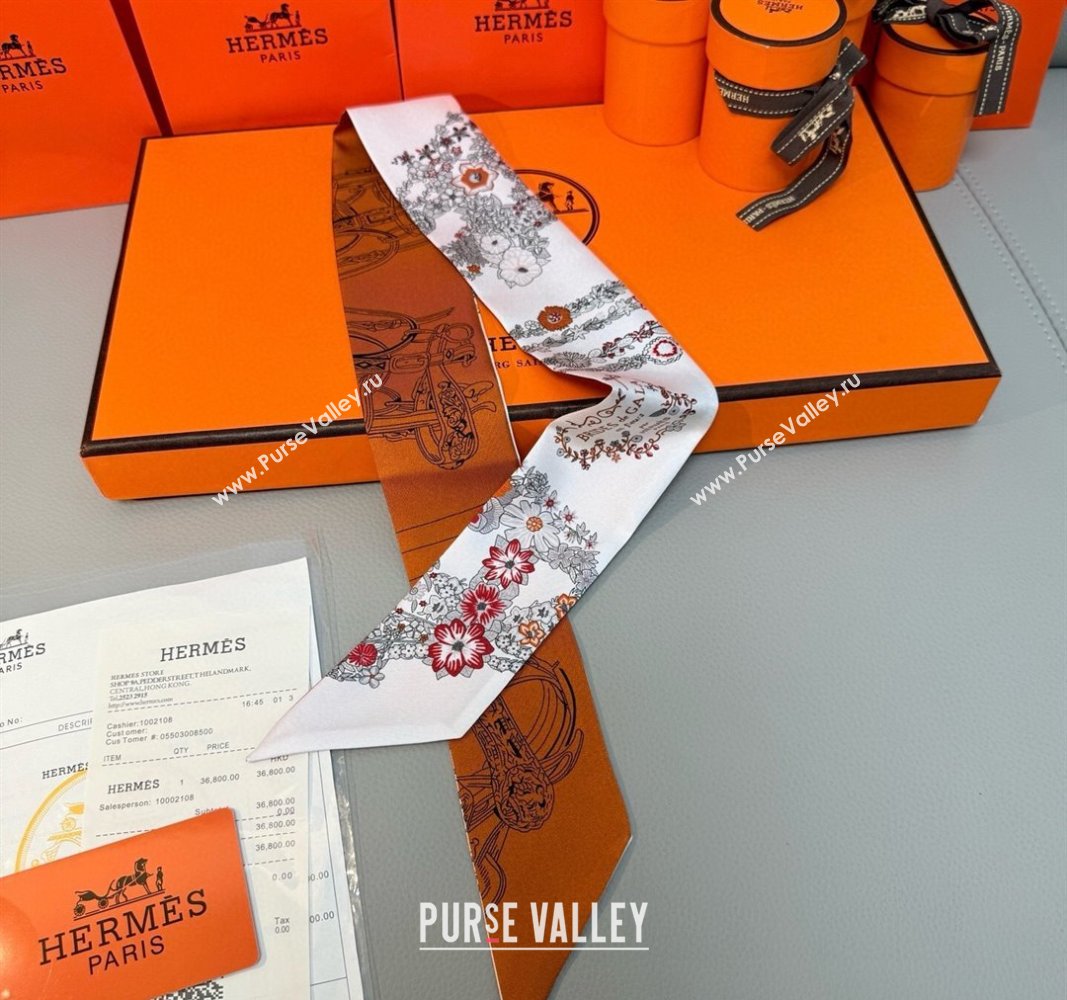 Hermes Brides de Gala en Fleurs Twilly Silk Bandeau Scarf 5x86.5cm Orange/White 2025 (SHI-250514017)