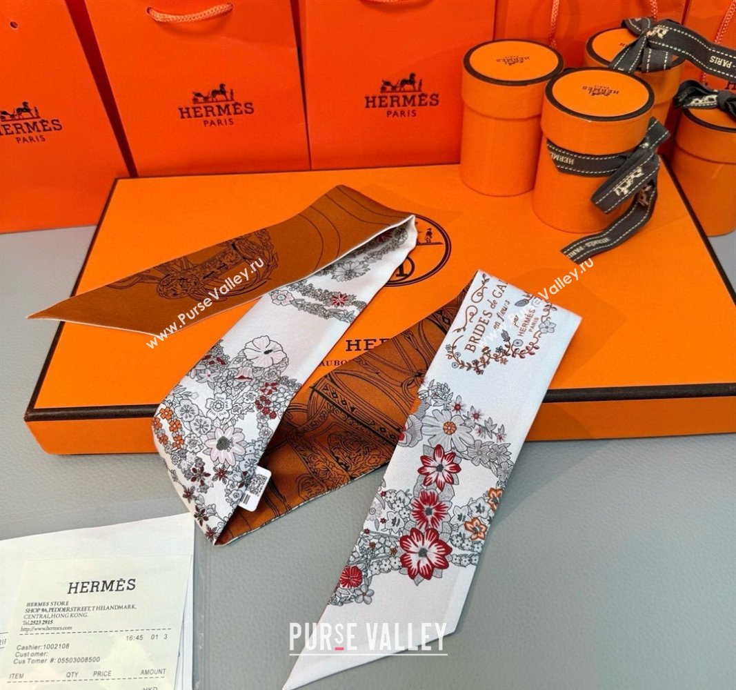 Hermes Brides de Gala en Fleurs Twilly Silk Bandeau Scarf 5x86.5cm Orange/White 2025 (SHI-250514017)