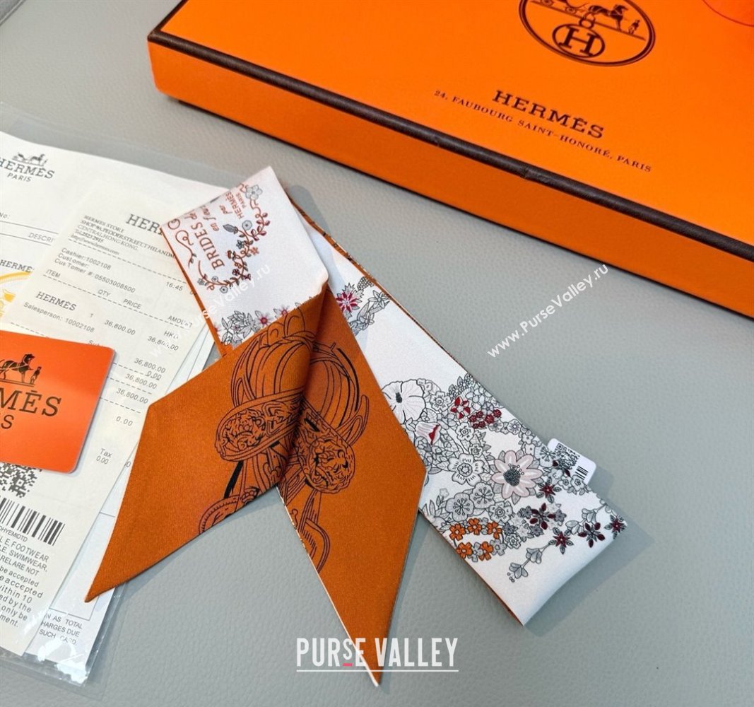 Hermes Brides de Gala en Fleurs Twilly Silk Bandeau Scarf 5x86.5cm Orange/White 2025 (SHI-250514017)