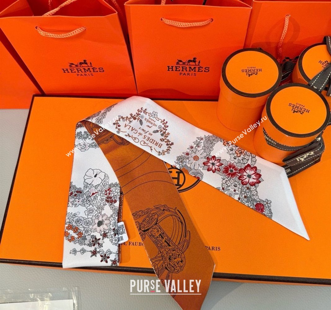 Hermes Brides de Gala en Fleurs Twilly Silk Bandeau Scarf 5x86.5cm Orange/White 2025 (SHI-250514017)