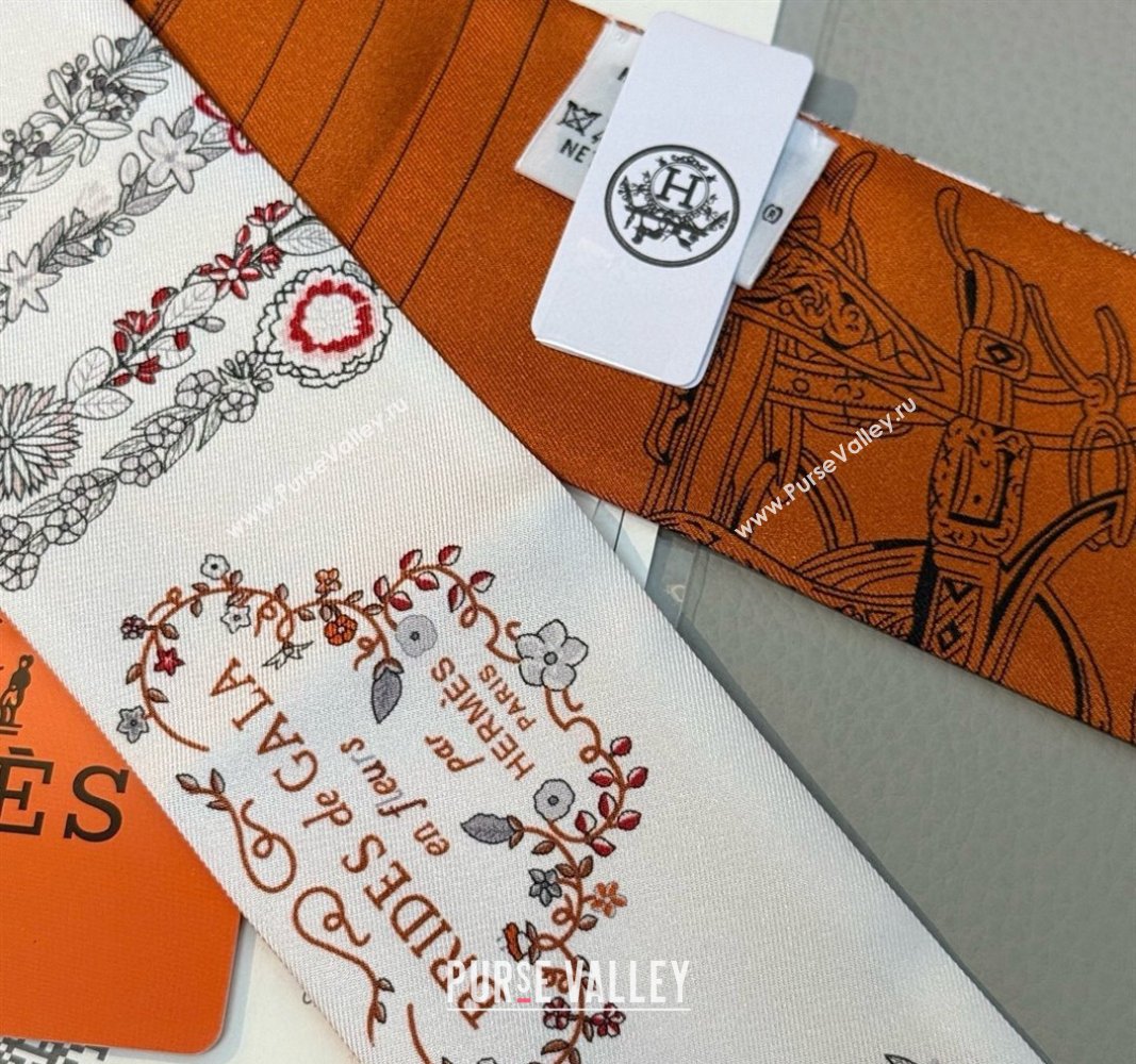 Hermes Brides de Gala en Fleurs Twilly Silk Bandeau Scarf 5x86.5cm Orange/White 2025 (SHI-250514017)