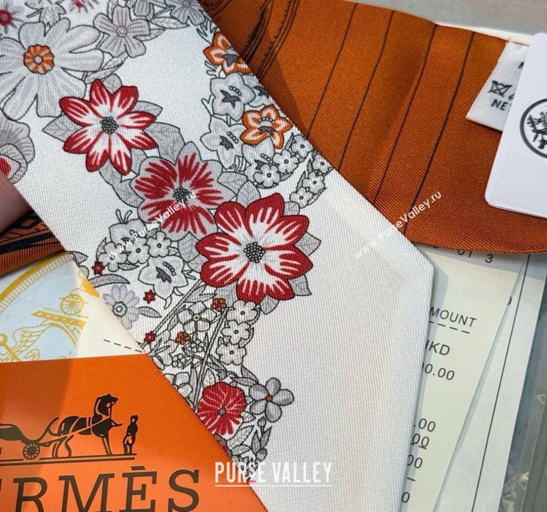 Hermes Brides de Gala en Fleurs Twilly Silk Bandeau Scarf 5x86.5cm Orange/White 2025 (SHI-250514017)
