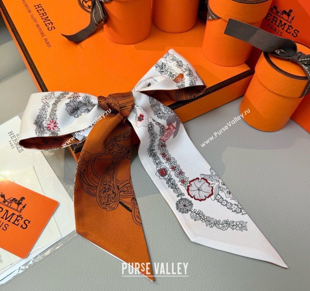 Hermes Brides de Gala en Fleurs Twilly Silk Bandeau Scarf 5x86.5cm Orange/White 2025 (SHI-250514017)