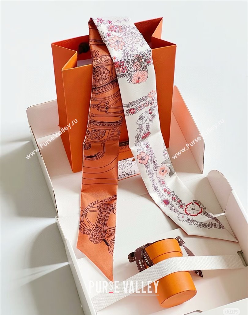 Hermes Brides de Gala en Fleurs Twilly Silk Bandeau Scarf 5x86.5cm Orange/White 2025 (SHI-250514017)