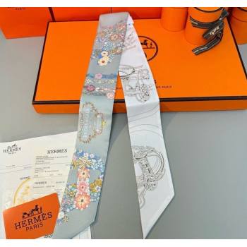 Hermes Brides de Gala en Fleurs Twilly Silk Bandeau Scarf 5x86.5cm Grey/White 2025 (SHI-250514019)