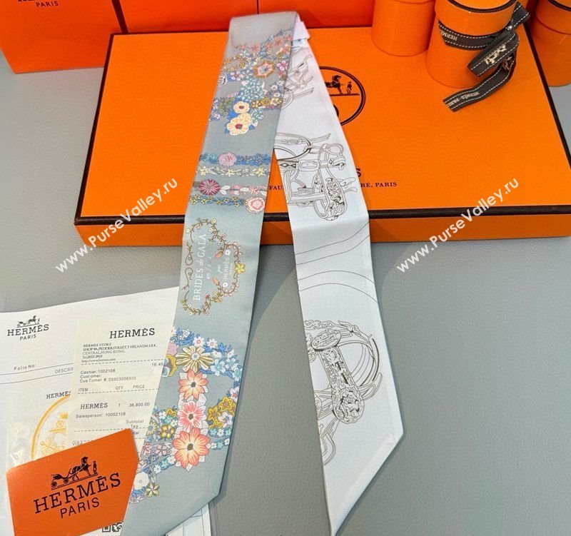 Hermes Brides de Gala en Fleurs Twilly Silk Bandeau Scarf 5x86.5cm Grey/White 2025 (SHI-250514019)