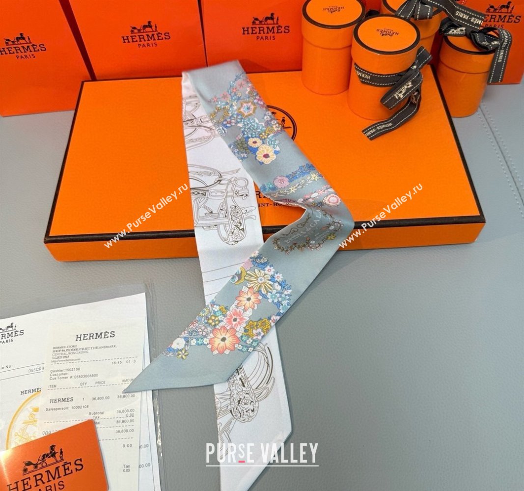 Hermes Brides de Gala en Fleurs Twilly Silk Bandeau Scarf 5x86.5cm Grey/White 2025 (SHI-250514019)