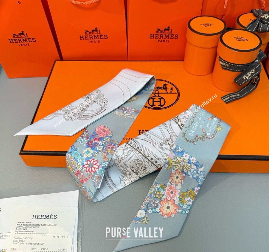 Hermes Brides de Gala en Fleurs Twilly Silk Bandeau Scarf 5x86.5cm Grey/White 2025 (SHI-250514019)