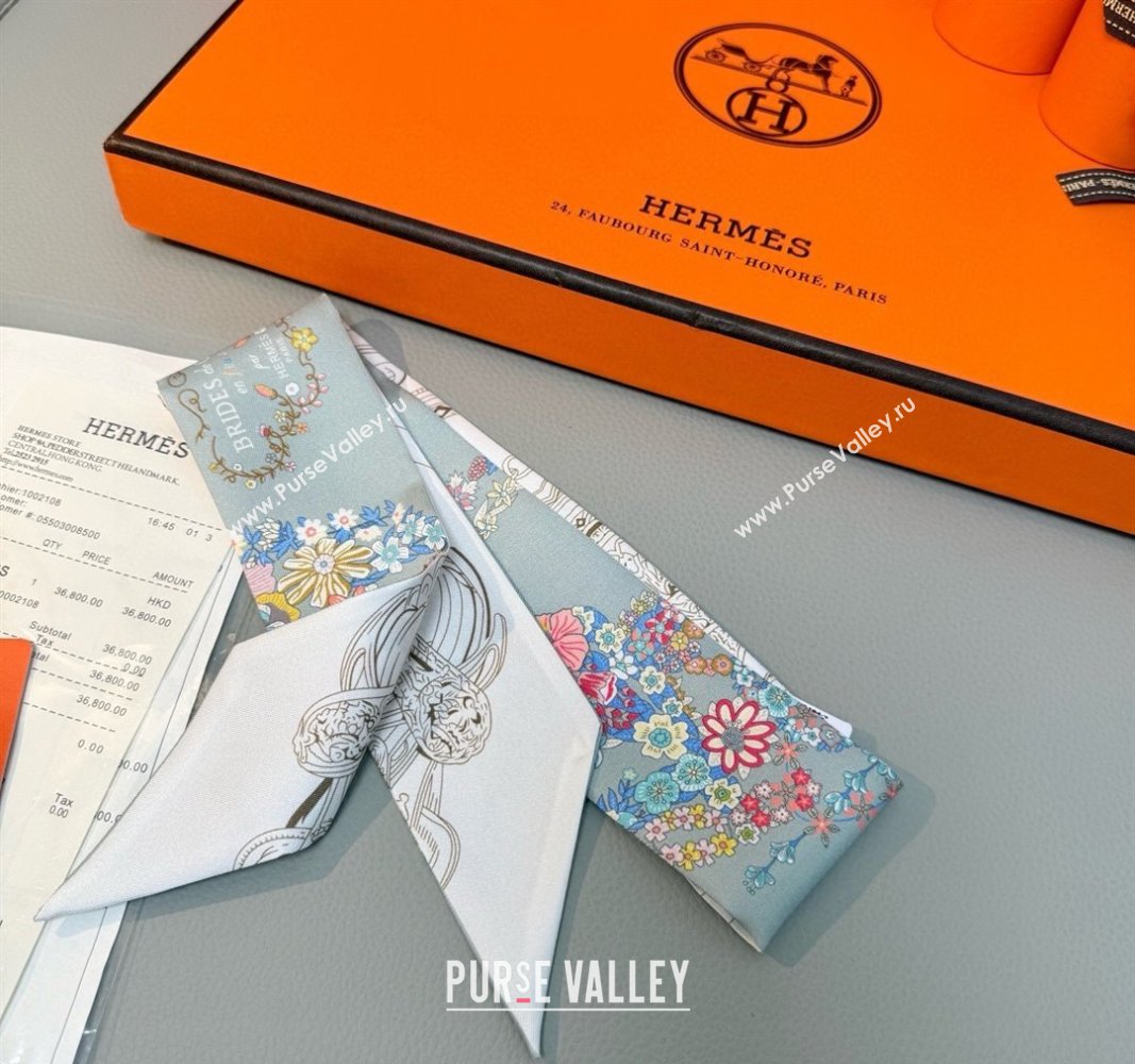 Hermes Brides de Gala en Fleurs Twilly Silk Bandeau Scarf 5x86.5cm Grey/White 2025 (SHI-250514019)