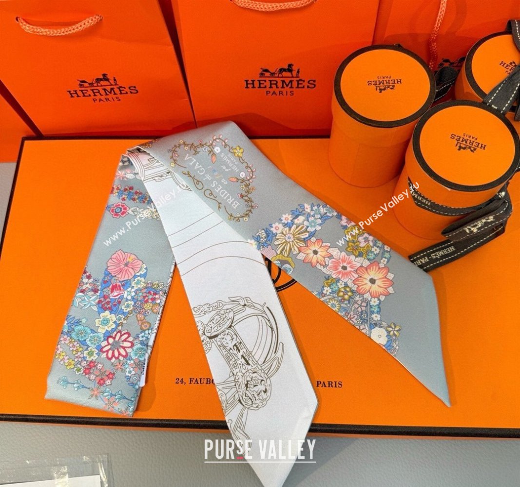 Hermes Brides de Gala en Fleurs Twilly Silk Bandeau Scarf 5x86.5cm Grey/White 2025 (SHI-250514019)