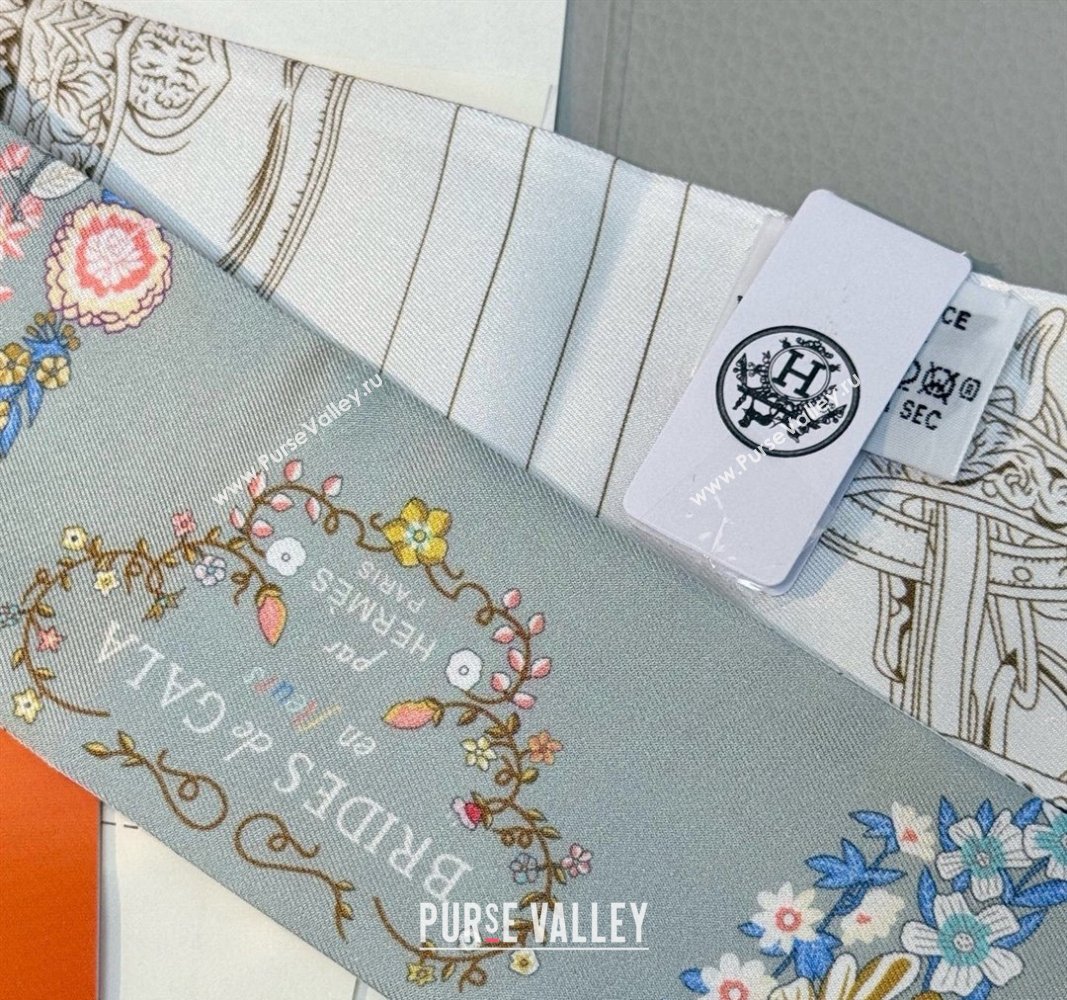 Hermes Brides de Gala en Fleurs Twilly Silk Bandeau Scarf 5x86.5cm Grey/White 2025 (SHI-250514019)