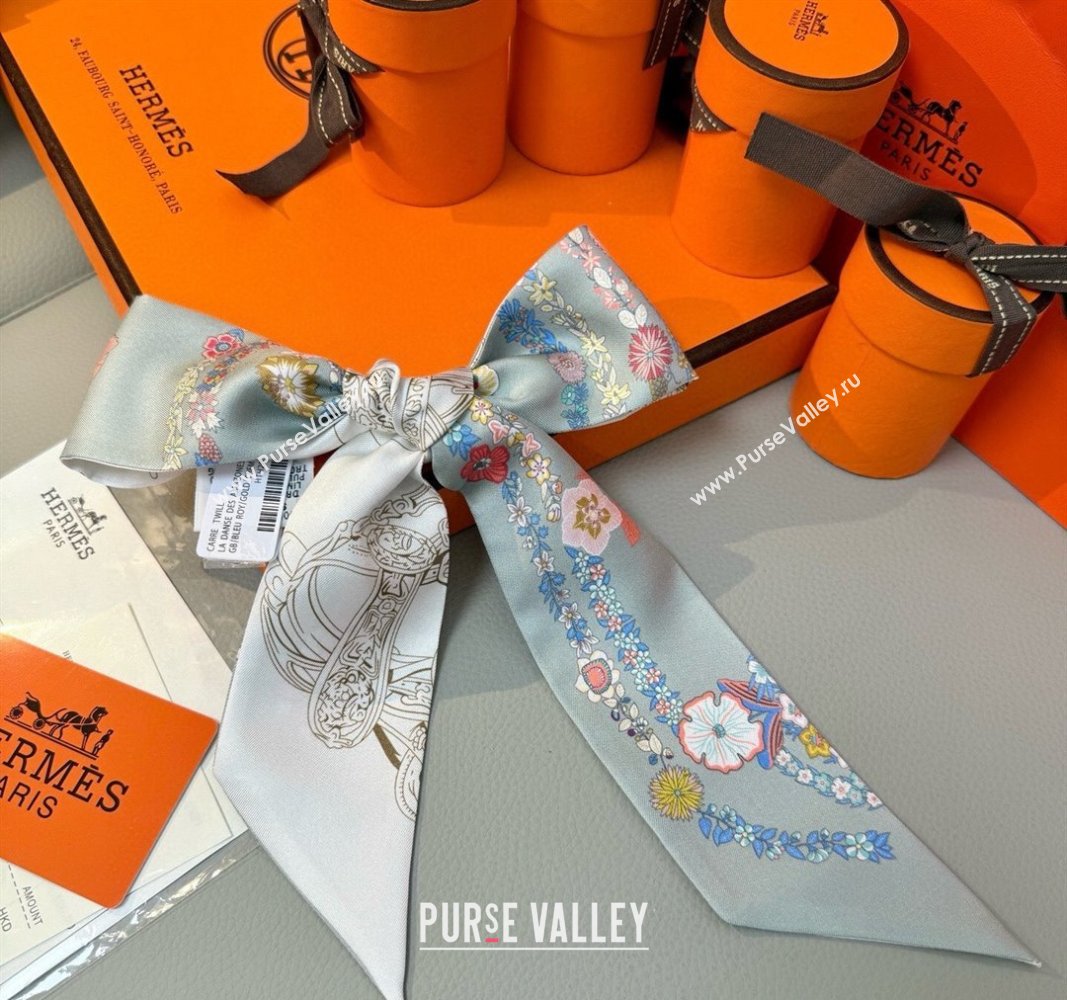 Hermes Brides de Gala en Fleurs Twilly Silk Bandeau Scarf 5x86.5cm Grey/White 2025 (SHI-250514019)