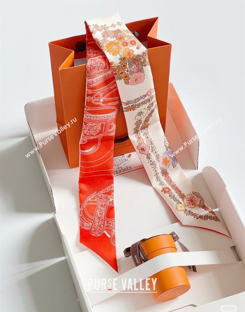 Hermes Brides de Gala en Fleurs Twilly Silk Bandeau Scarf 5x86.5cm Orange/Pink 2025 (SHI-250514021)