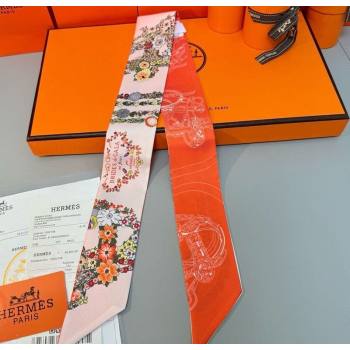 Hermes Brides de Gala en Fleurs Twilly Silk Bandeau Scarf 5x86.5cm Orange/Pink 2025 (SHI-250514021)