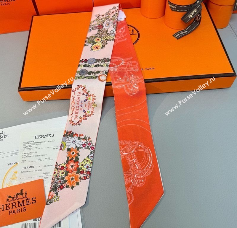 Hermes Brides de Gala en Fleurs Twilly Silk Bandeau Scarf 5x86.5cm Orange/Pink 2025 (SHI-250514021)
