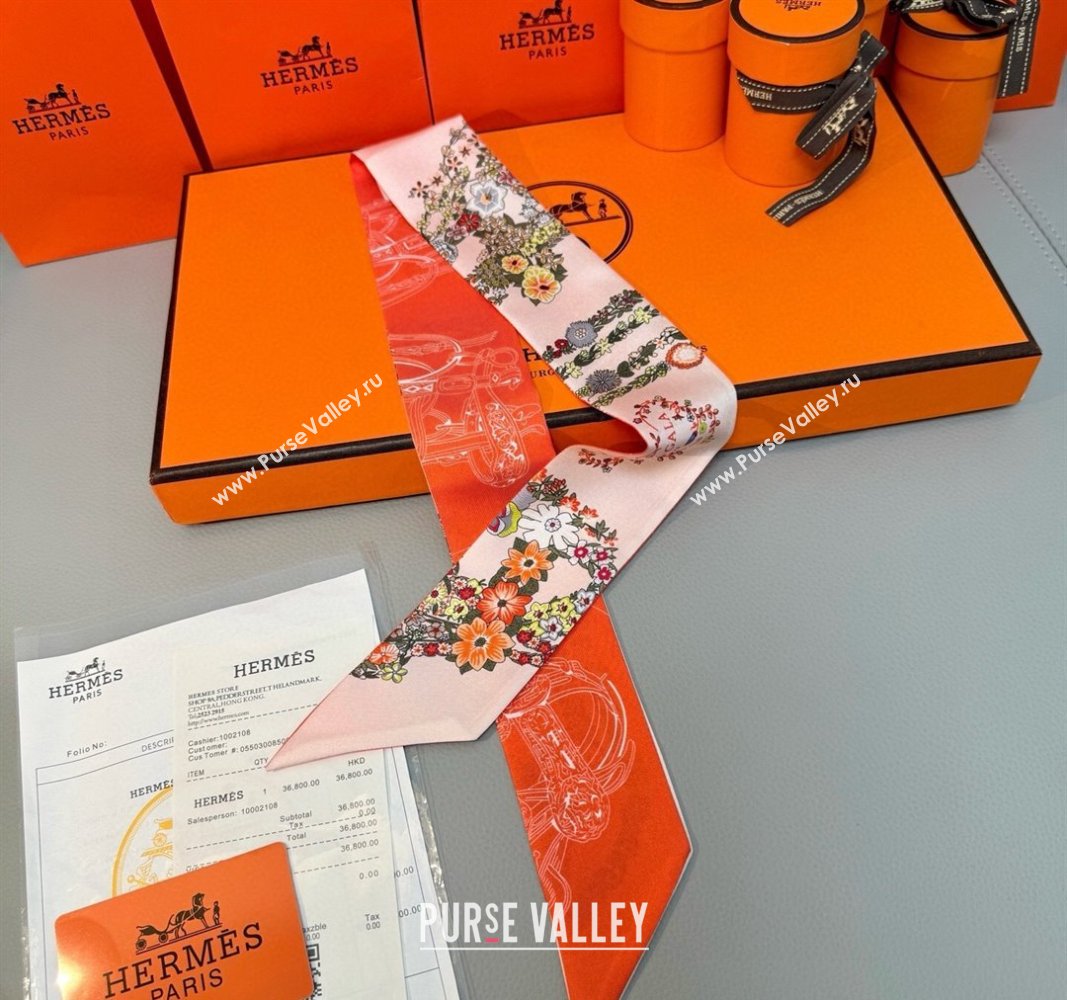 Hermes Brides de Gala en Fleurs Twilly Silk Bandeau Scarf 5x86.5cm Orange/Pink 2025 (SHI-250514021)
