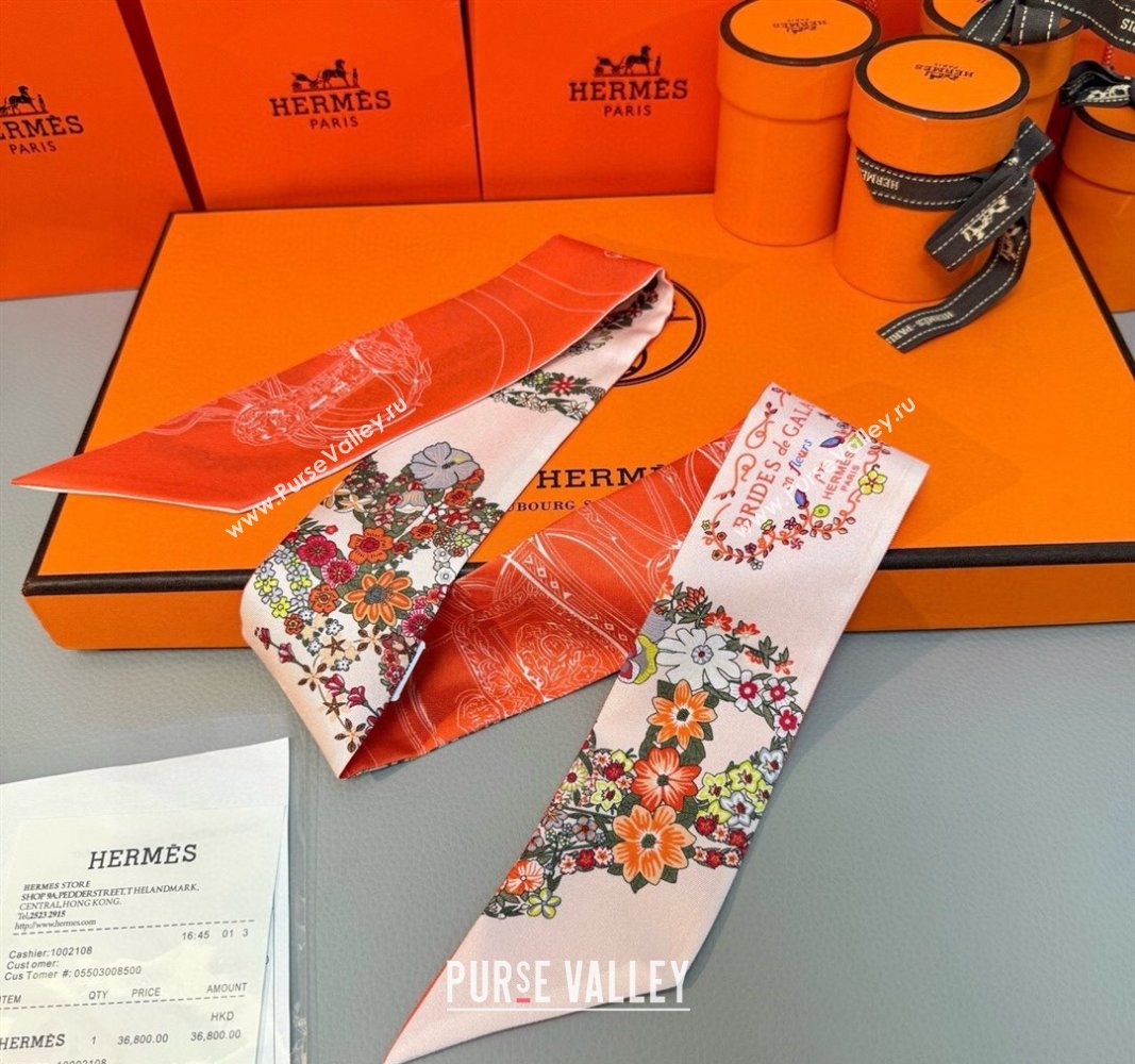 Hermes Brides de Gala en Fleurs Twilly Silk Bandeau Scarf 5x86.5cm Orange/Pink 2025 (SHI-250514021)