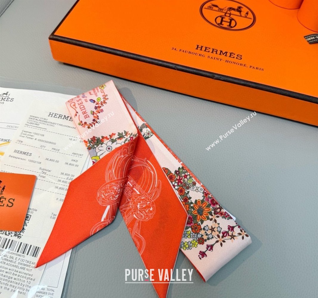 Hermes Brides de Gala en Fleurs Twilly Silk Bandeau Scarf 5x86.5cm Orange/Pink 2025 (SHI-250514021)