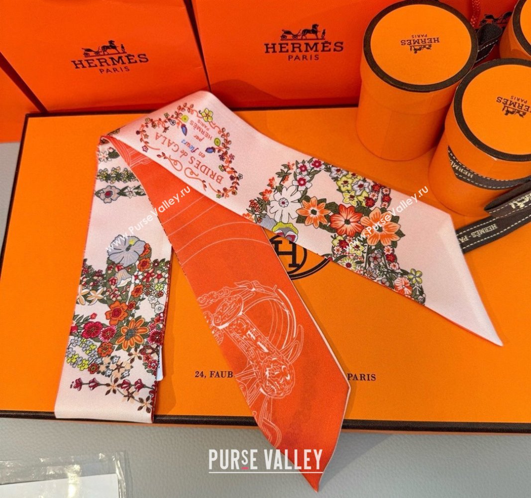 Hermes Brides de Gala en Fleurs Twilly Silk Bandeau Scarf 5x86.5cm Orange/Pink 2025 (SHI-250514021)