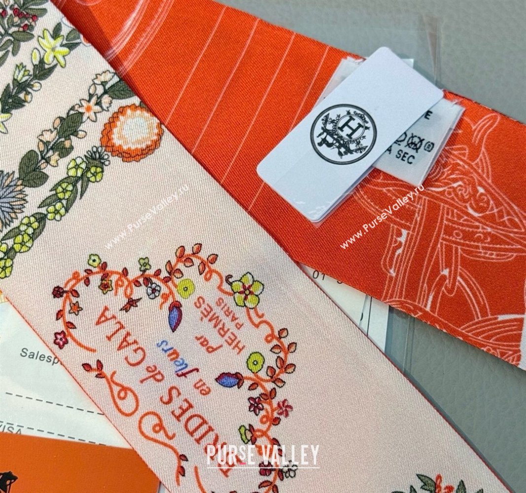 Hermes Brides de Gala en Fleurs Twilly Silk Bandeau Scarf 5x86.5cm Orange/Pink 2025 (SHI-250514021)
