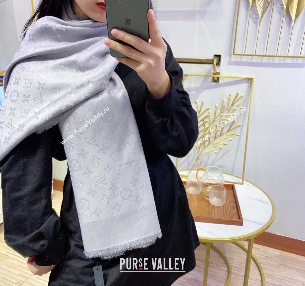 Louis Vuitton Classic Silk Wool Shawl Scarf 140cm with Silver-Tone Lurex Light Grey 2025 (SHI-250514031)
