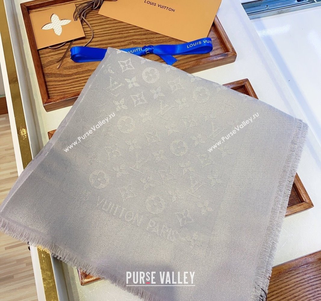 Louis Vuitton Classic Silk Wool Shawl Scarf 140cm with Silver-Tone Lurex Light Grey 2025 (SHI-250514031)