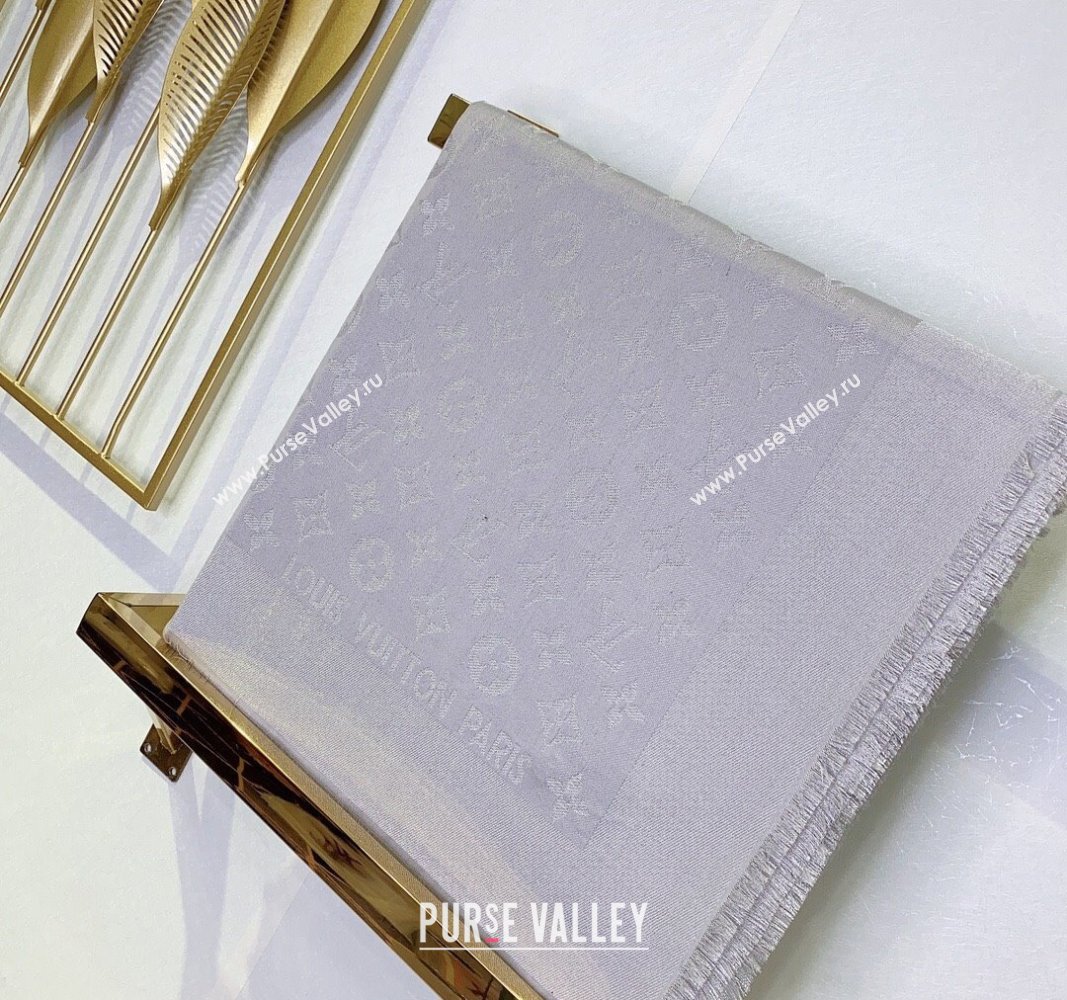 Louis Vuitton Classic Silk Wool Shawl Scarf 140cm with Silver-Tone Lurex Light Grey 2025 (SHI-250514031)