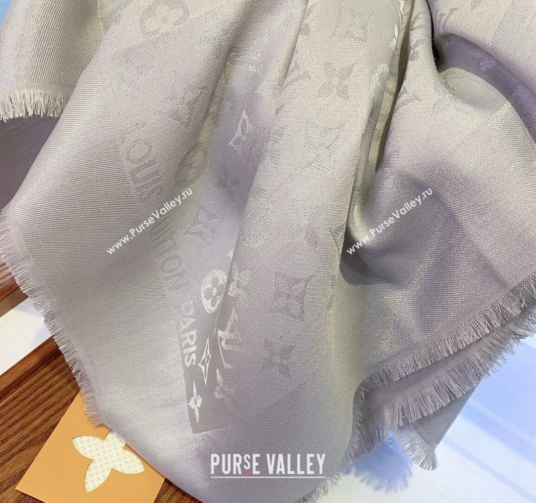 Louis Vuitton Classic Silk Wool Shawl Scarf 140cm with Silver-Tone Lurex Light Grey 2025 (SHI-250514031)
