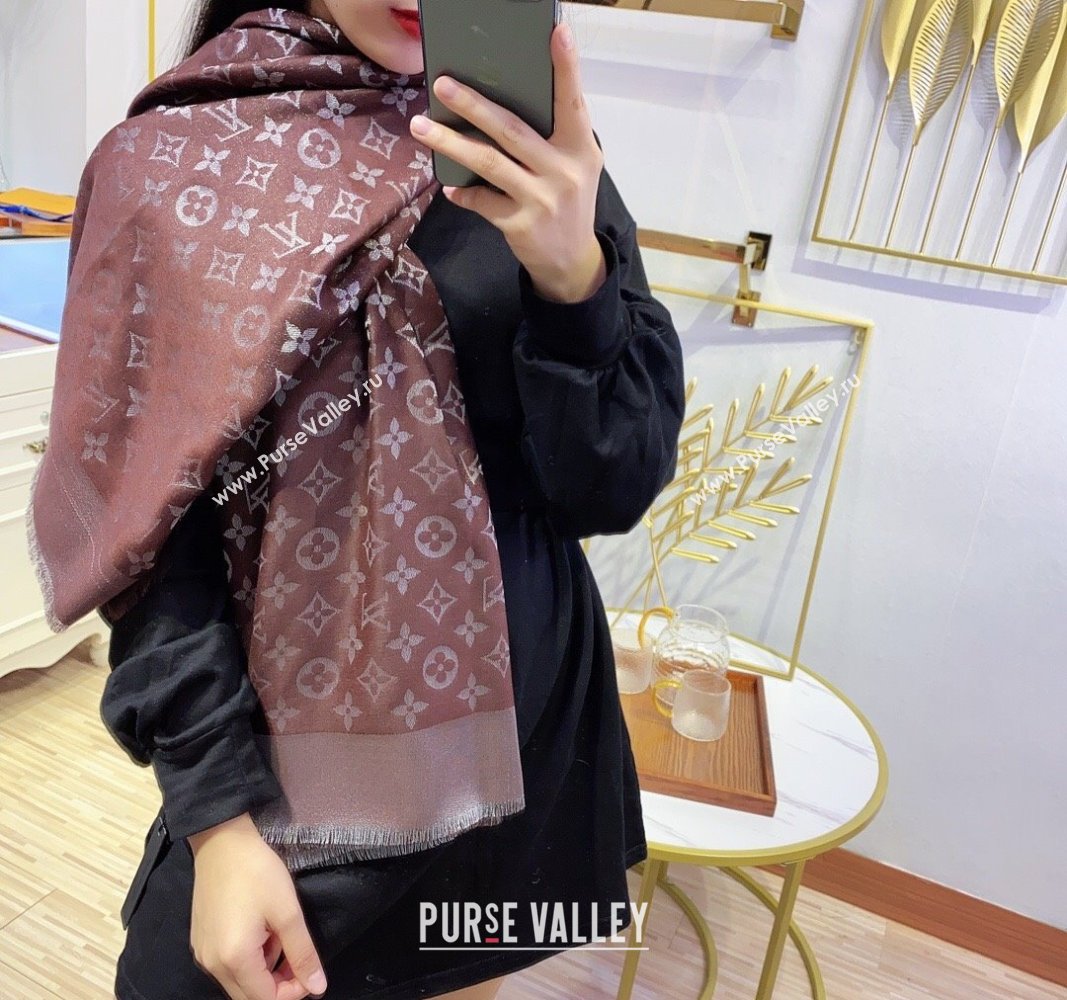 Louis Vuitton Classic Silk Wool Shawl Scarf 140cm with Silver-Tone Lurex Brown 2025 (SHI-250514037)