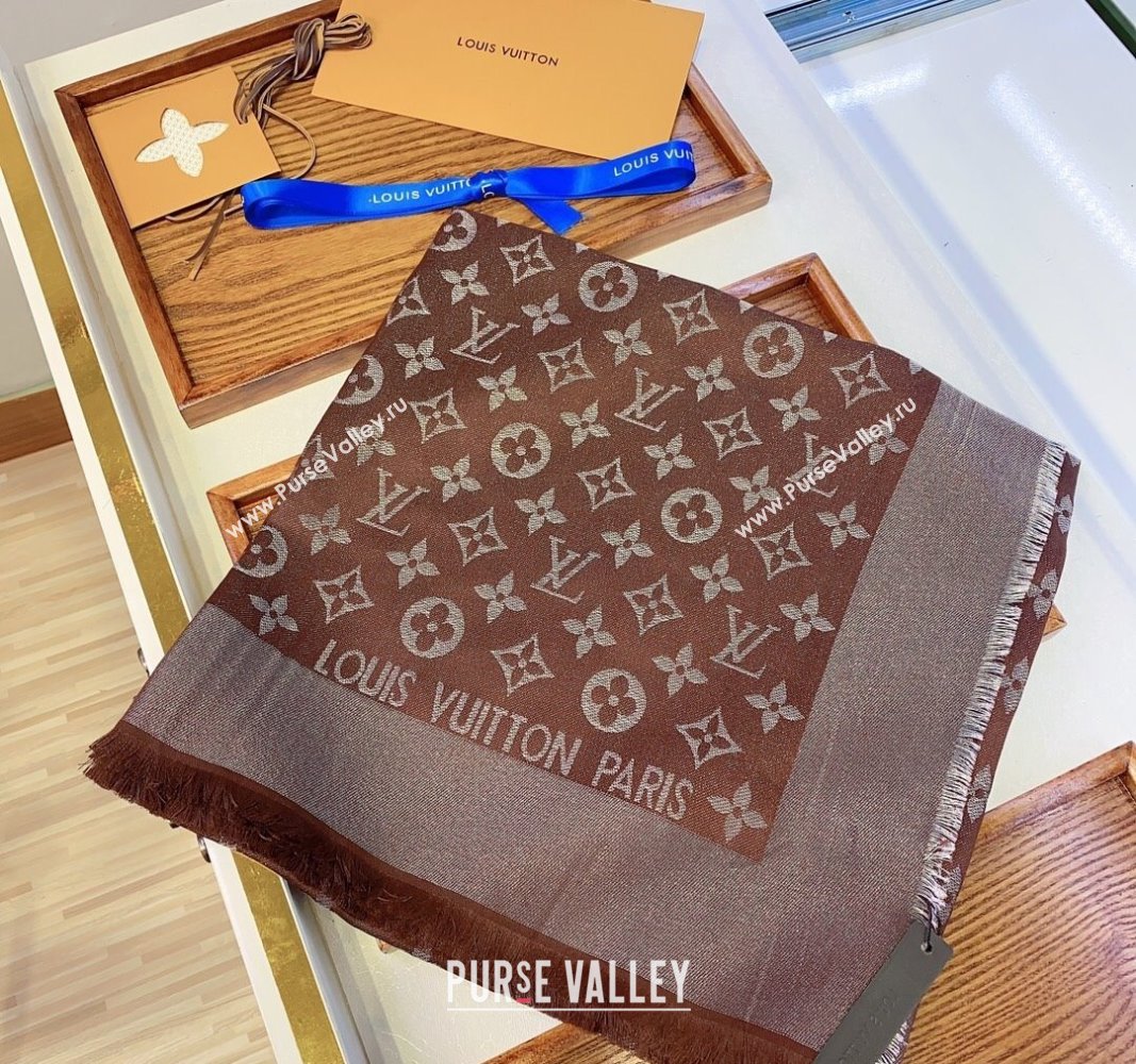 Louis Vuitton Classic Silk Wool Shawl Scarf 140cm with Silver-Tone Lurex Brown 2025 (SHI-250514037)