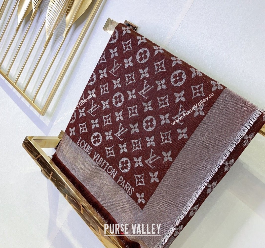 Louis Vuitton Classic Silk Wool Shawl Scarf 140cm with Silver-Tone Lurex Brown 2025 (SHI-250514037)