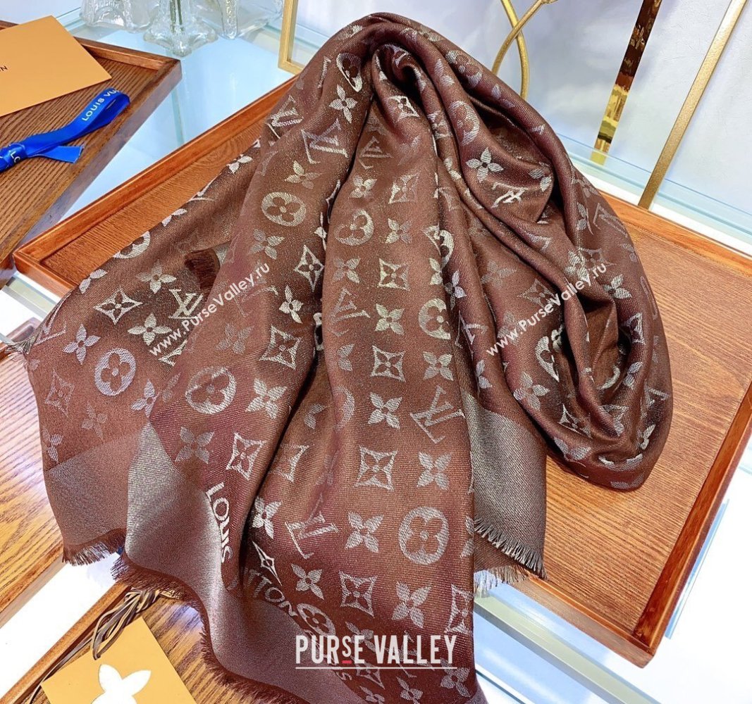 Louis Vuitton Classic Silk Wool Shawl Scarf 140cm with Silver-Tone Lurex Brown 2025 (SHI-250514037)