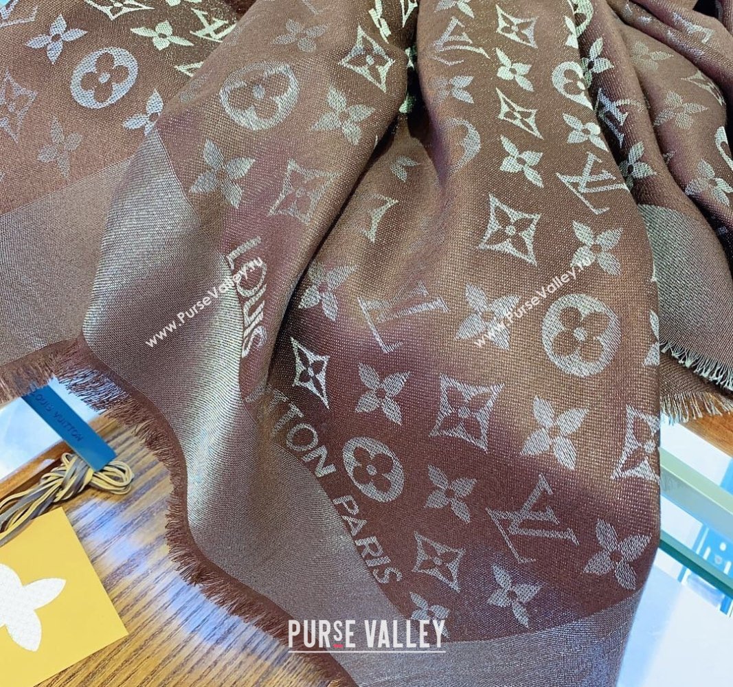 Louis Vuitton Classic Silk Wool Shawl Scarf 140cm with Silver-Tone Lurex Brown 2025 (SHI-250514037)