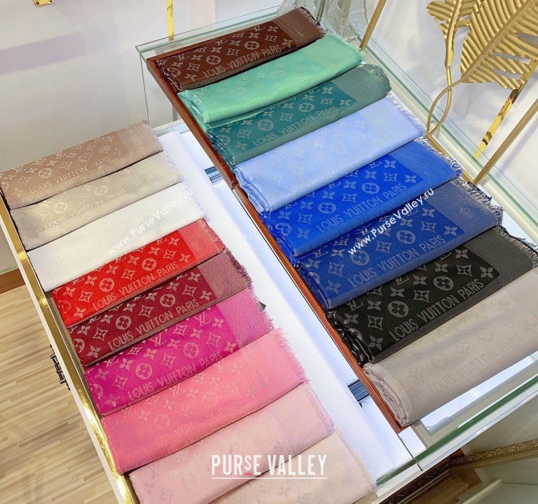 Louis Vuitton Classic Silk Wool Shawl Scarf 140cm with Silver-Tone Lurex Brown 2025 (SHI-250514037)