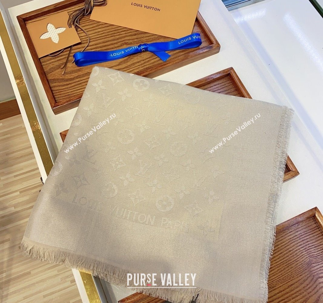 Louis Vuitton Classic Silk Wool Shawl Scarf 140cm with Silver-Tone Lurex Light Beige 2025 (SHI-250514038)