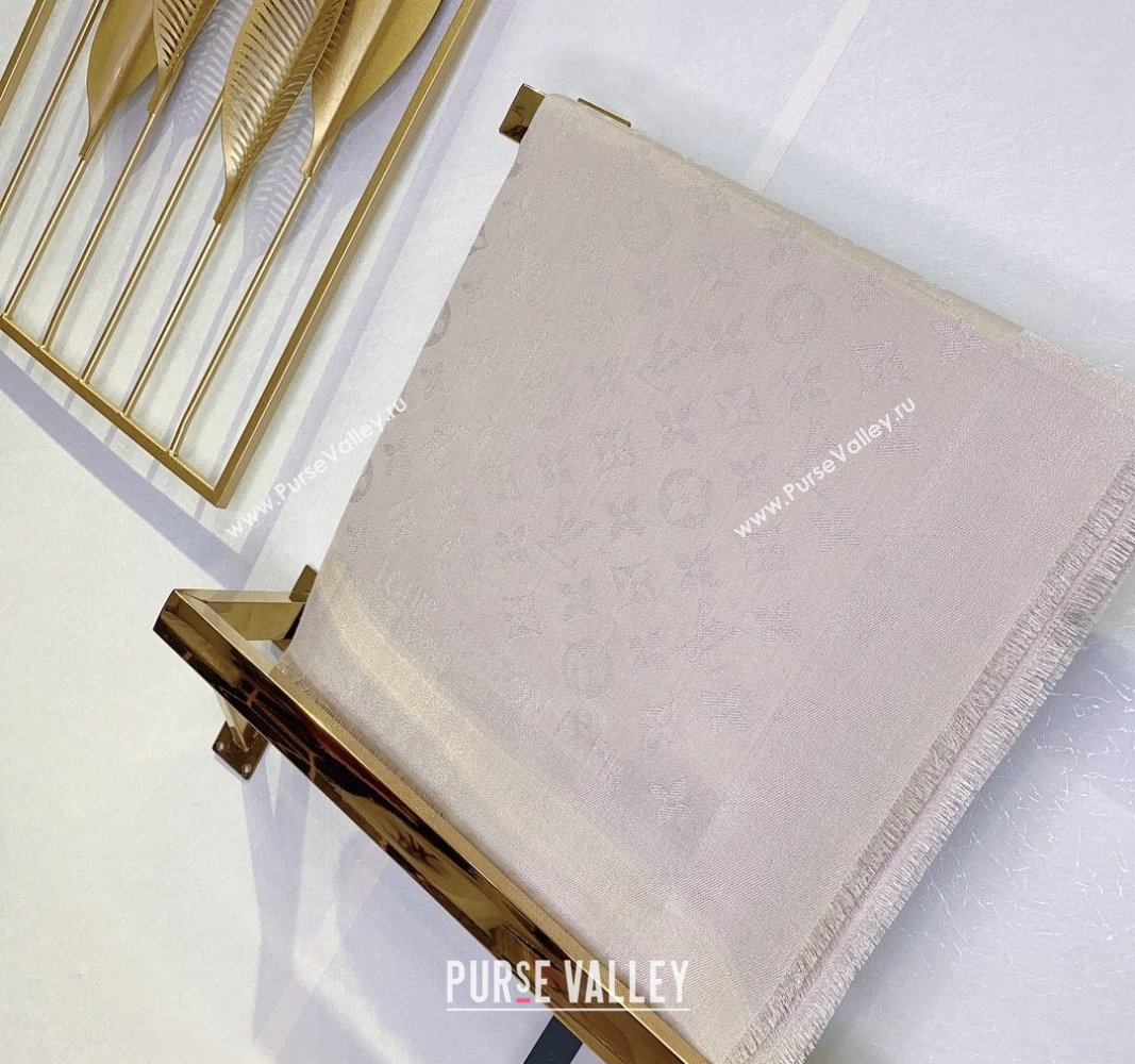 Louis Vuitton Classic Silk Wool Shawl Scarf 140cm with Silver-Tone Lurex Light Beige 2025 (SHI-250514038)