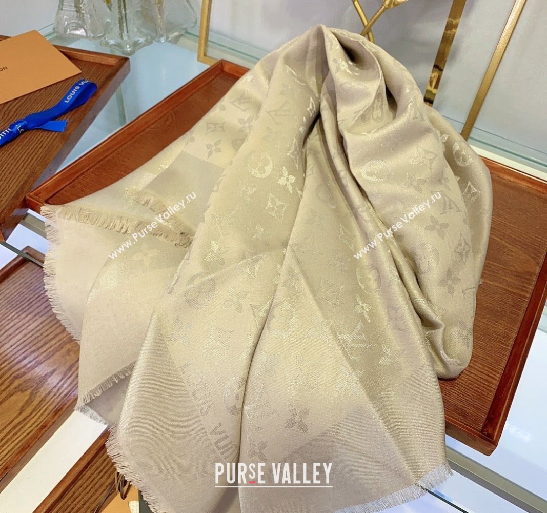 Louis Vuitton Classic Silk Wool Shawl Scarf 140cm with Silver-Tone Lurex Light Beige 2025 (SHI-250514038)