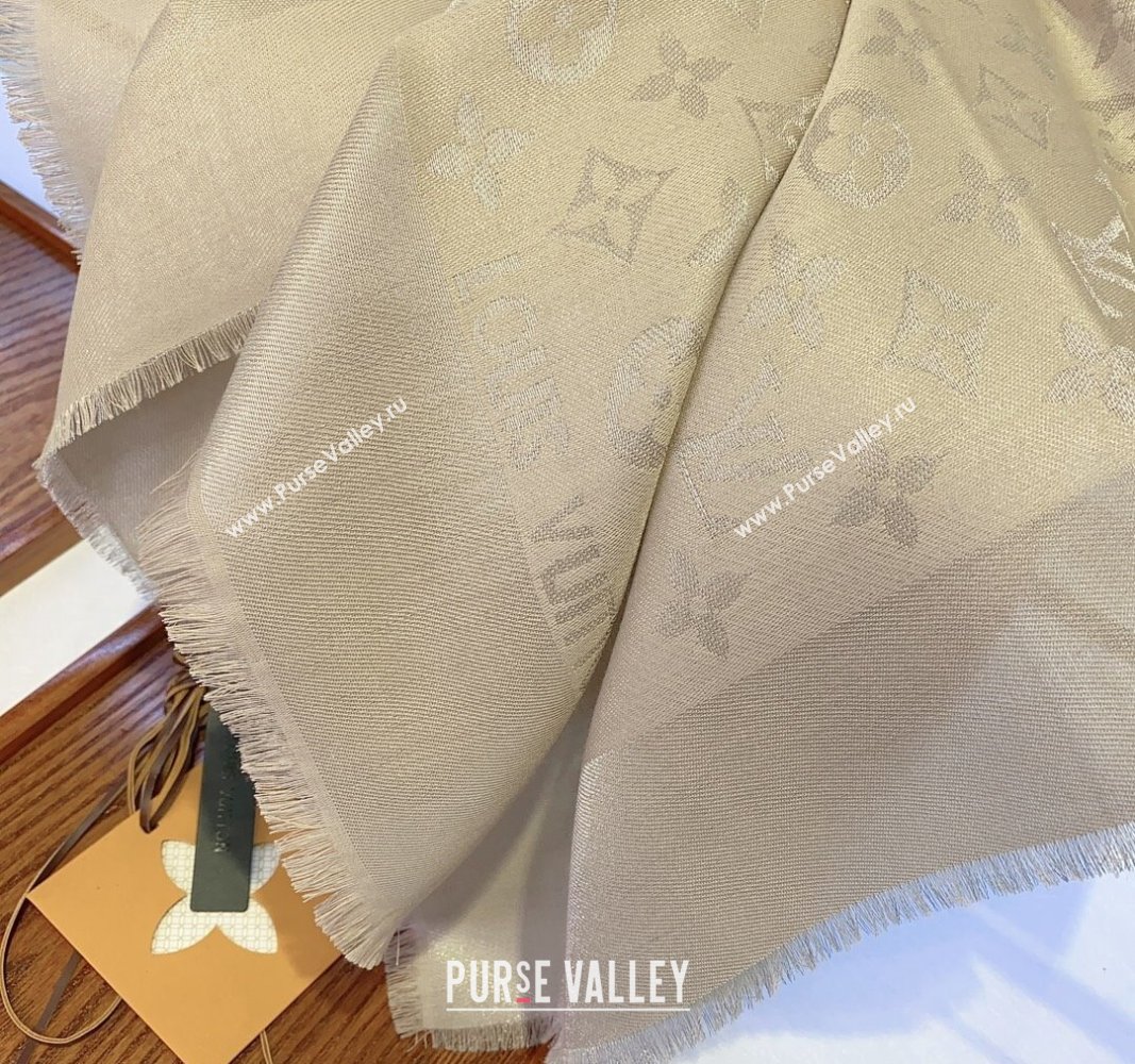 Louis Vuitton Classic Silk Wool Shawl Scarf 140cm with Silver-Tone Lurex Light Beige 2025 (SHI-250514038)