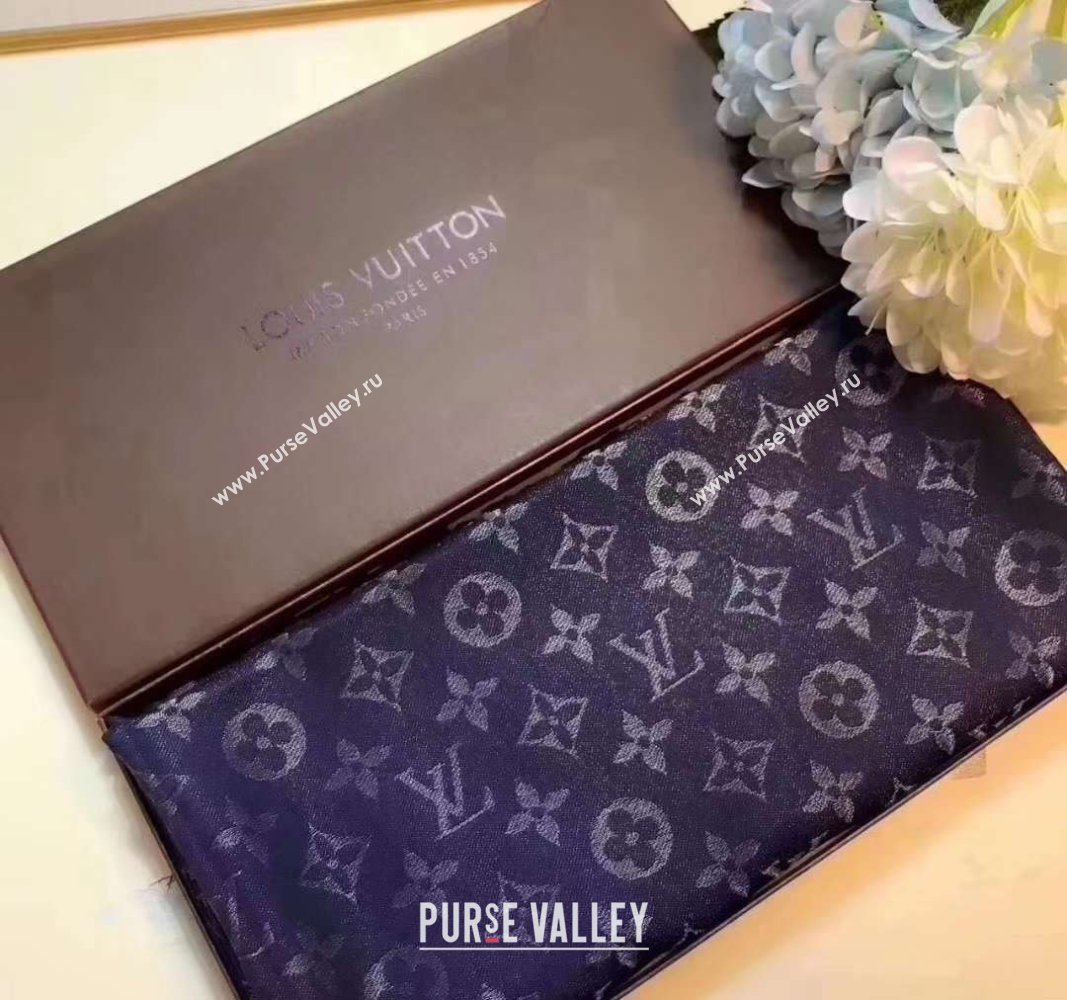 Louis Vuitton Classic Silk Wool Shawl Scarf 140cm with Silver-Tone Lurex Navy Blue 2025 (SHI-250514039)