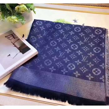 Louis Vuitton Classic Silk Wool Shawl Scarf 140cm with Silver-Tone Lurex Navy Blue 2025 (SHI-250514039)