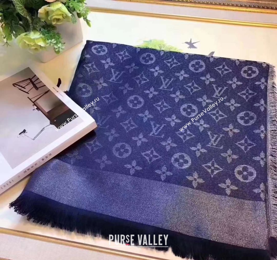 Louis Vuitton Classic Silk Wool Shawl Scarf 140cm with Silver-Tone Lurex Navy Blue 2025 (SHI-250514039)