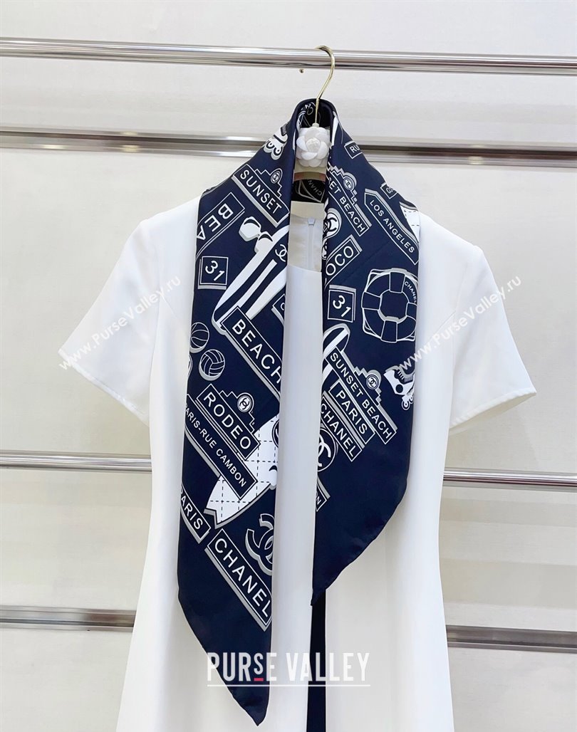 Chanel Printed Silk Square Scarf 90x90cm Navy Blue 2025 CH051309 (SHI-250513141)