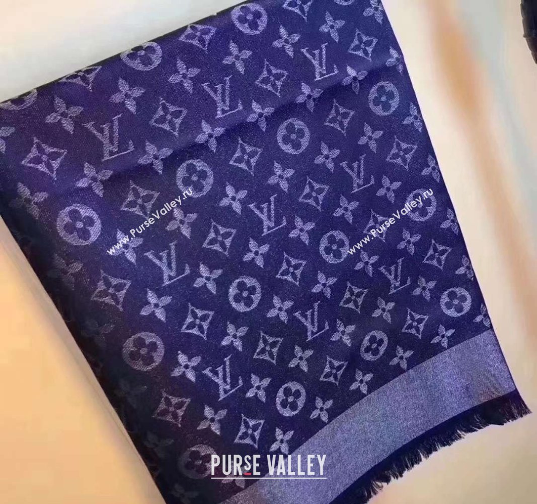 Louis Vuitton Classic Silk Wool Shawl Scarf 140cm with Silver-Tone Lurex Navy Blue 2025 (SHI-250514039)