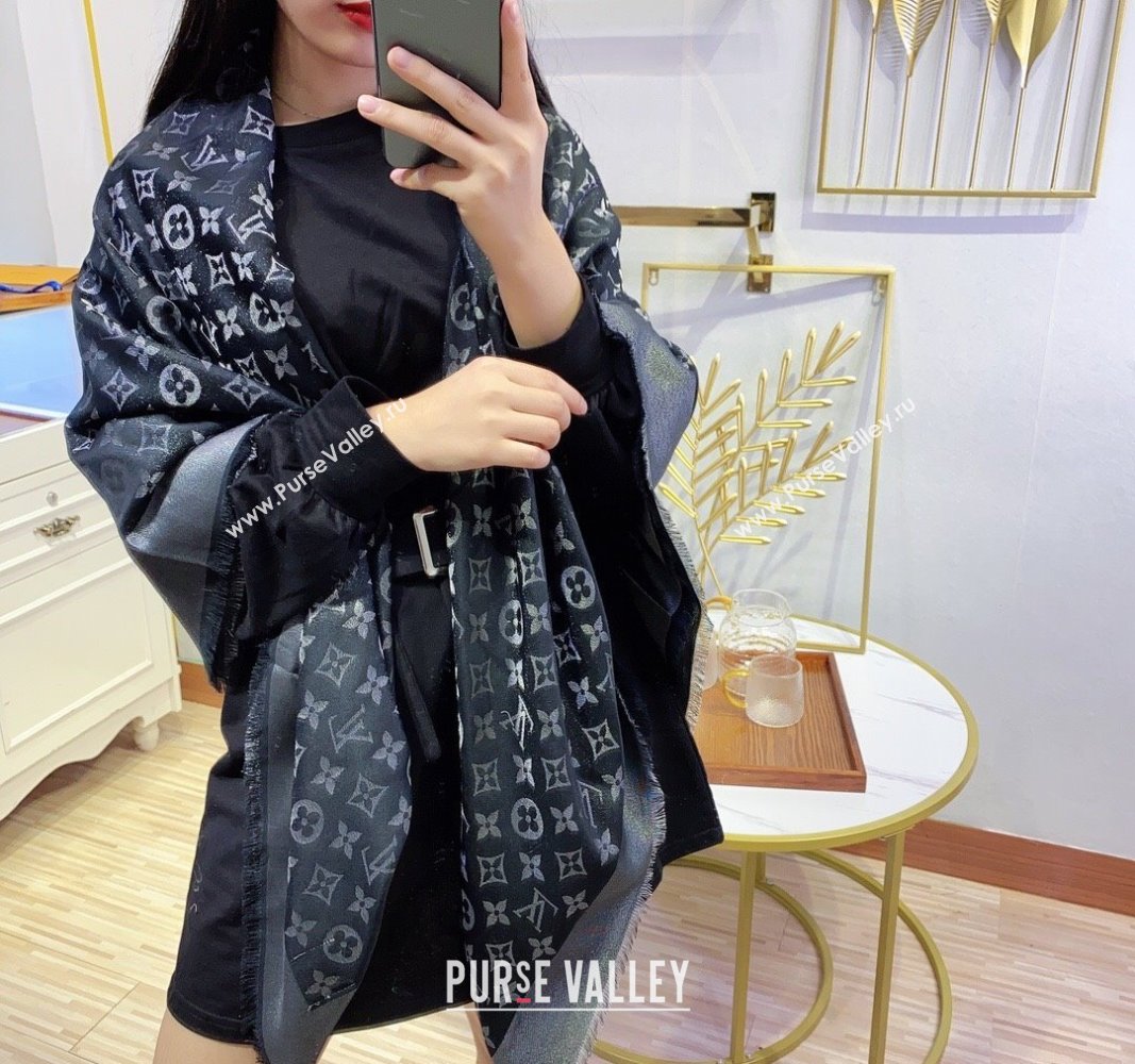 Louis Vuitton Classic Silk Wool Shawl Scarf 140cm with Silver-Tone Lurex Black 2025 (SHI-250514040)