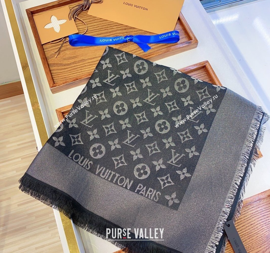 Louis Vuitton Classic Silk Wool Shawl Scarf 140cm with Silver-Tone Lurex Black 2025 (SHI-250514040)