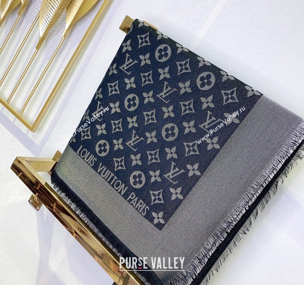 Louis Vuitton Classic Silk Wool Shawl Scarf 140cm with Silver-Tone Lurex Black 2025 (SHI-250514040)