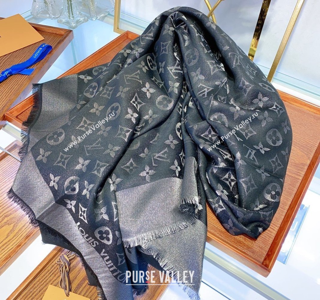 Louis Vuitton Classic Silk Wool Shawl Scarf 140cm with Silver-Tone Lurex Black 2025 (SHI-250514040)